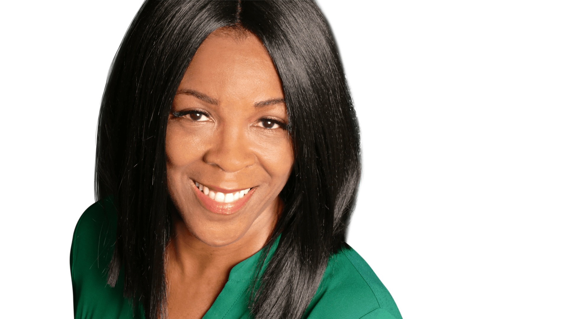 A woman with long black hair smiles for the camera.